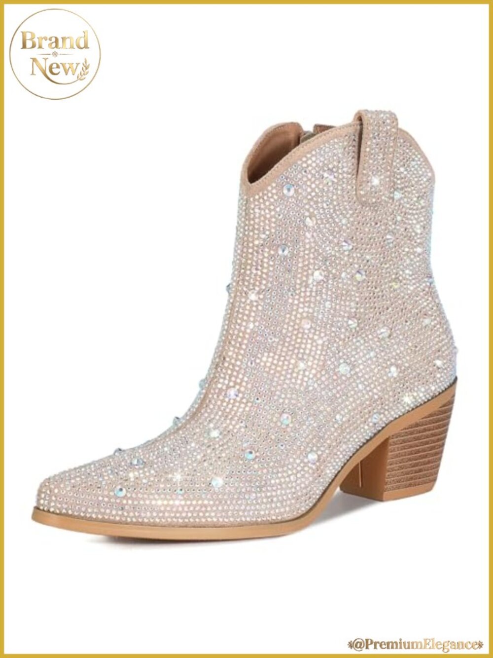 Rhinestone Cowboy Boots for Women Chunky Heel Glitter Sparkly Western Ankle